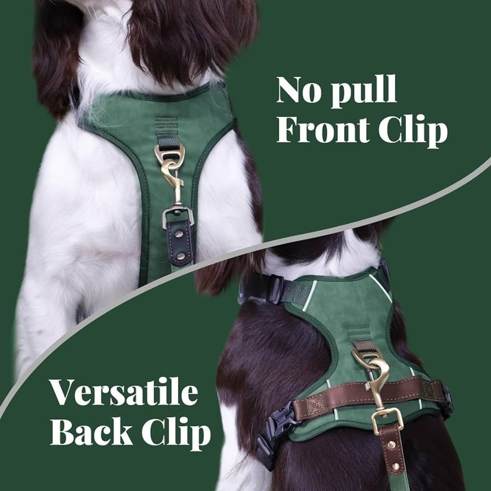 No Pull Dog Harness Genuine Leather Grip Reflective Adjustable Green Large 27-32 - Picture 5 of 7